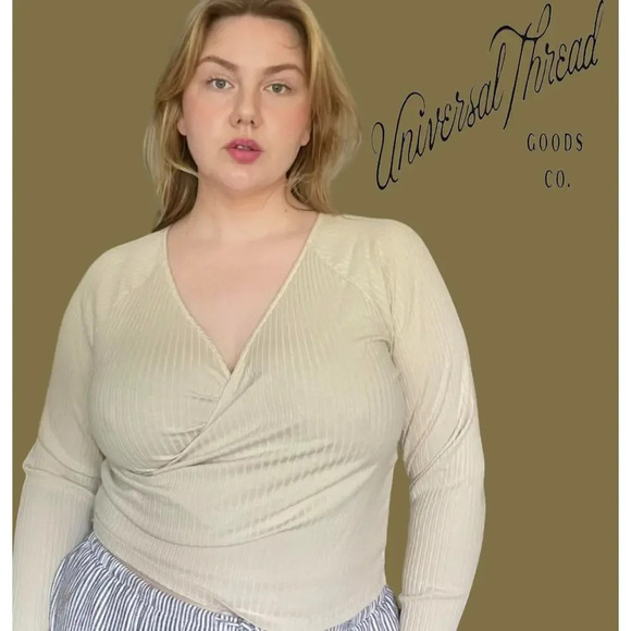 Universal Thread Women's Plus Size cream ribbed long sleeves front wrap blouse - Picture 6 of 6